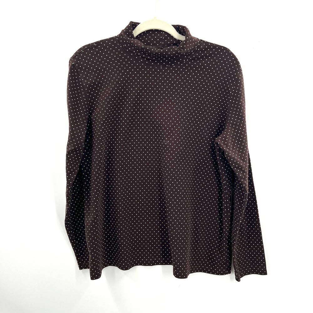 Lands' End brown polka dot turtleneck cottagecore stretch comfy cotton L 14 16
